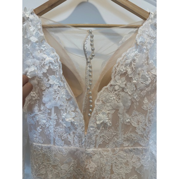 Lace Wedding Dress‎ Floral Applique Long Sleeve Bridal Gown Mermaid - Picture 3 of 8
